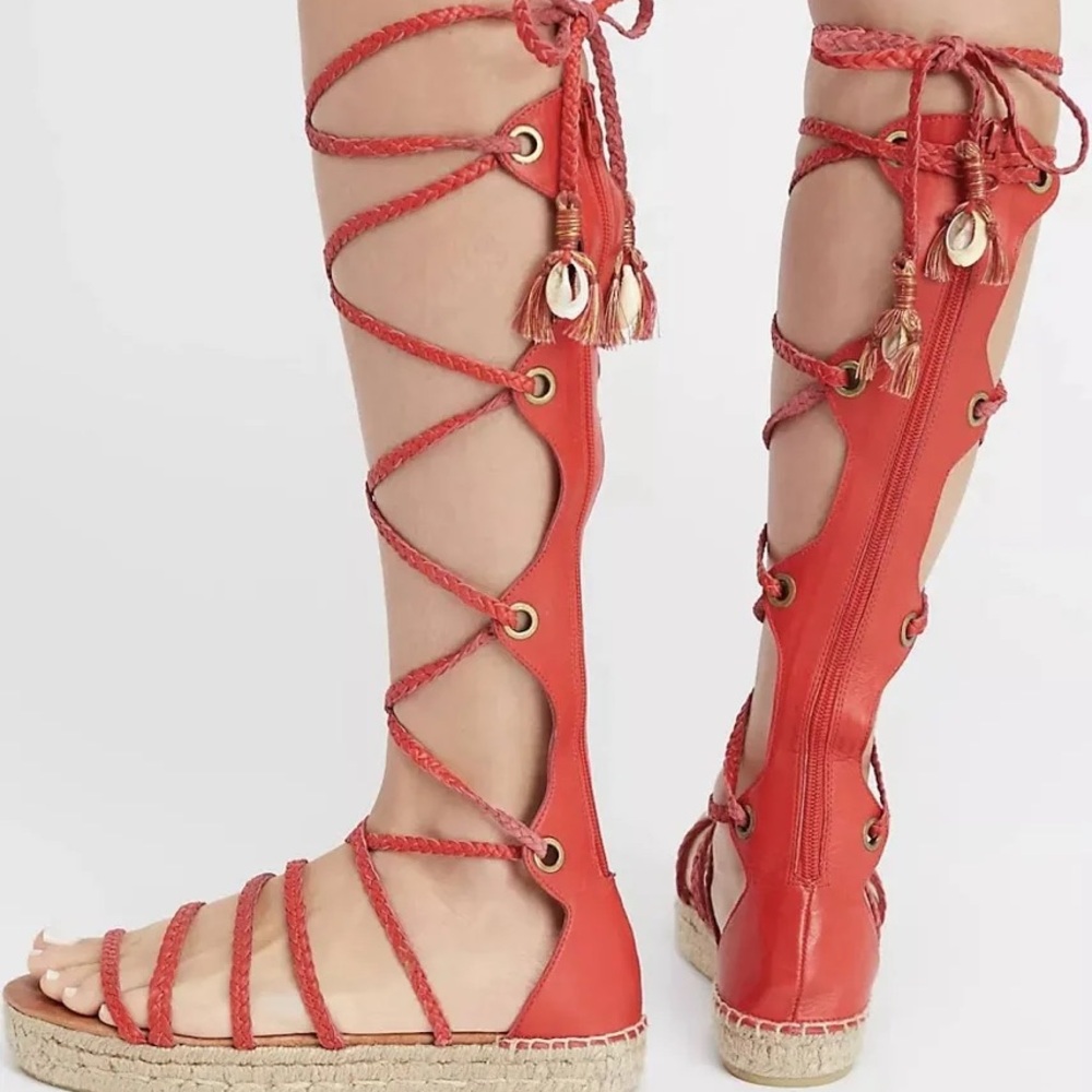 Free People SZ 38 Tall Red Leather Gladiator Lace Up Espidrills Spain Sandals